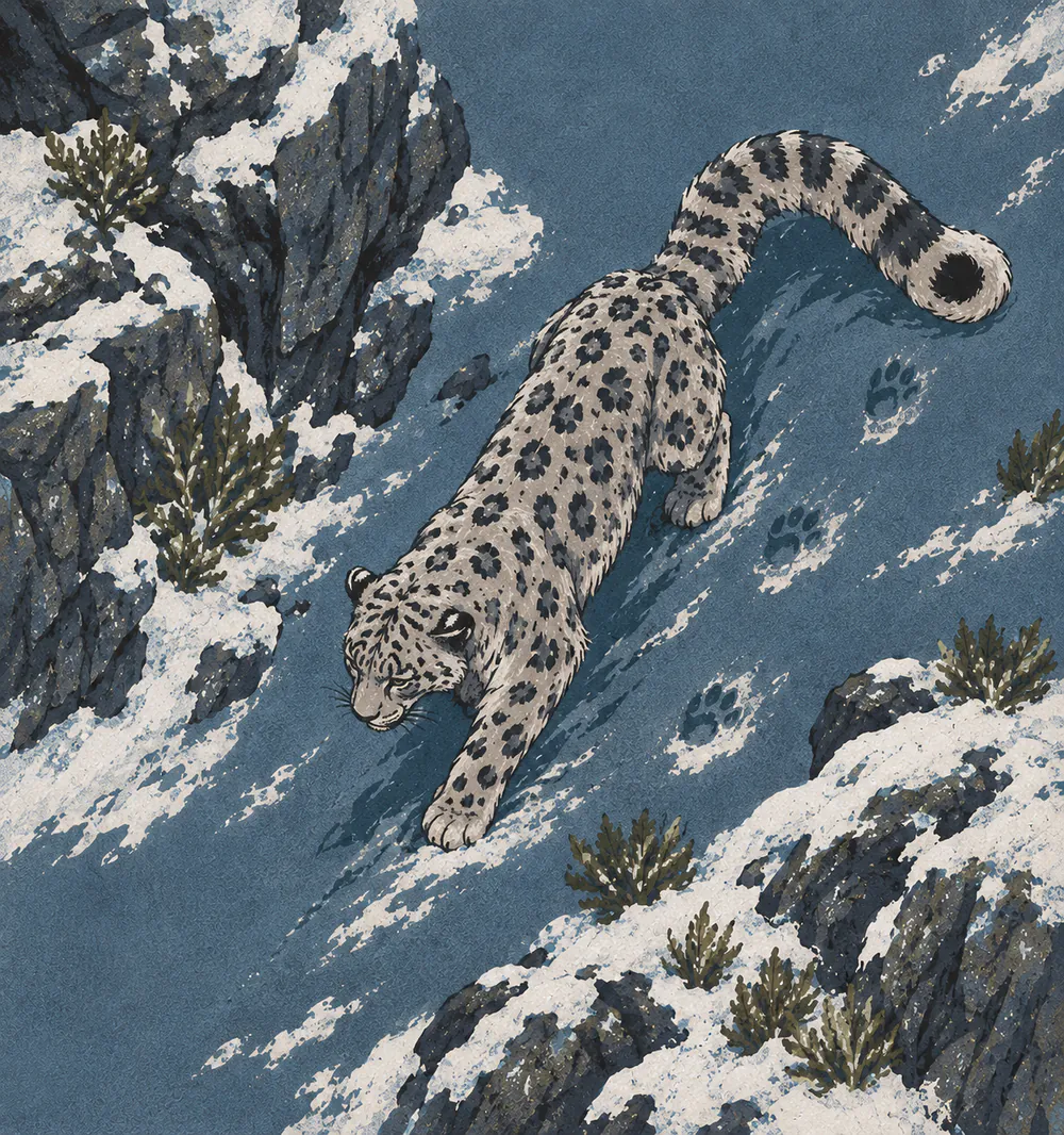 A woodcut snow leopard climbing down snowy rock ledges